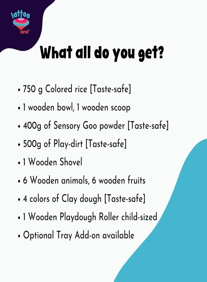 Lattooland Sensory Starter Kit for Kid | Taste-Safe Rice, Play Dirt, Clay Dough & Goo Powder | Wooden Farm Animals & Fruits | Child-Safe Sensory Wooden Tools | Transparent Tray | Bowl, Scoop & Roller - Image 4
